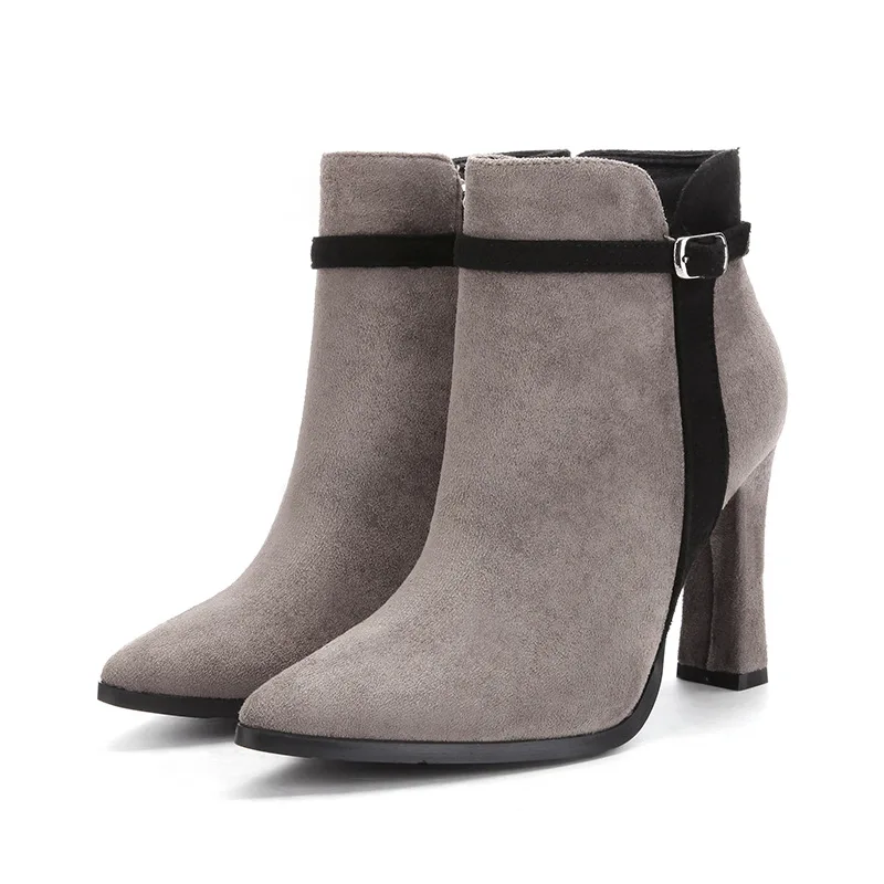 

2019 autumn and winter fashion pointed thick with high heel side zipper belt buckle women's booties gray 0216