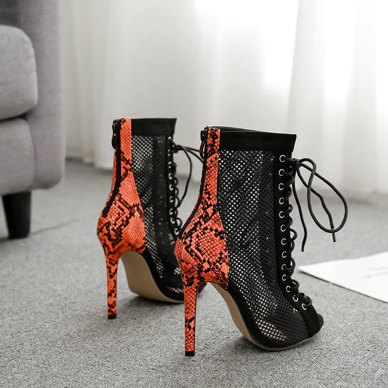Size 35-42 Women High Heeled Pumps Shoes Snake Print Hollow Out Summer Boots Lace Up Cross Tied Women Boots Pumps Zapatos Mujer