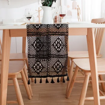 

Black Hollow Table Runner Cotton Tassel Table Runners Handmade Retro 24x350 table runner For Banket Wedding Party tafelloper