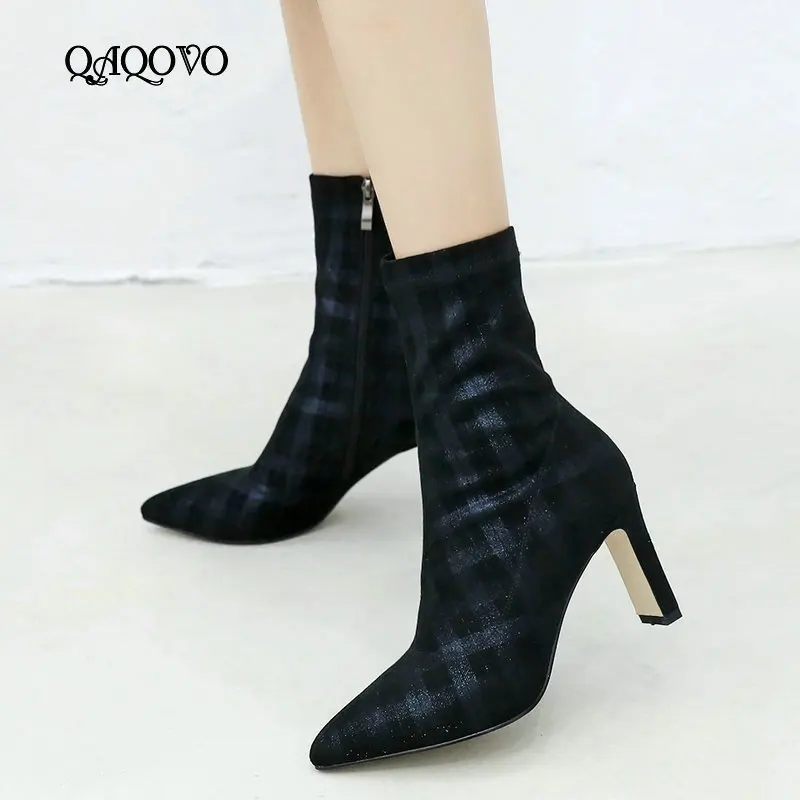 

Women Stretch Boots High Quality Ankle Boots Sqaure High Heel Zipper Boots Pointed Toe Autumn Winter Ladies Boots Shoes