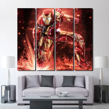 

4 Pieces Red Robot Iron Man Wall Art Pictures Poster And Prints Canvas Painting For Kid Room Home Decor Artworks