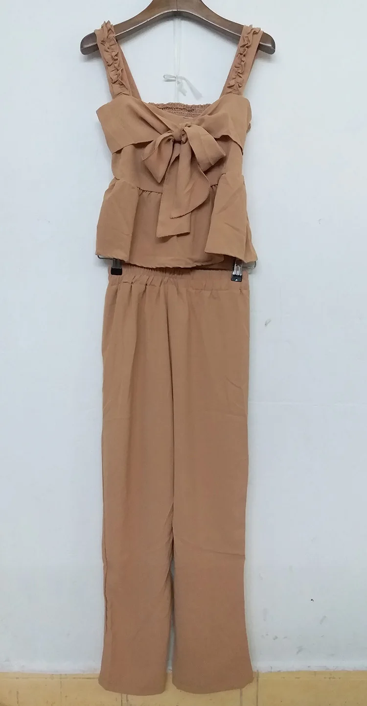 ALPHALMODA, летняя блузка на бретелях с бантом+ прямые штаны, женские повседневные комплекты из 2 предметов, однотонный эластичный Топ без рукавов+ брюки, комплекты
