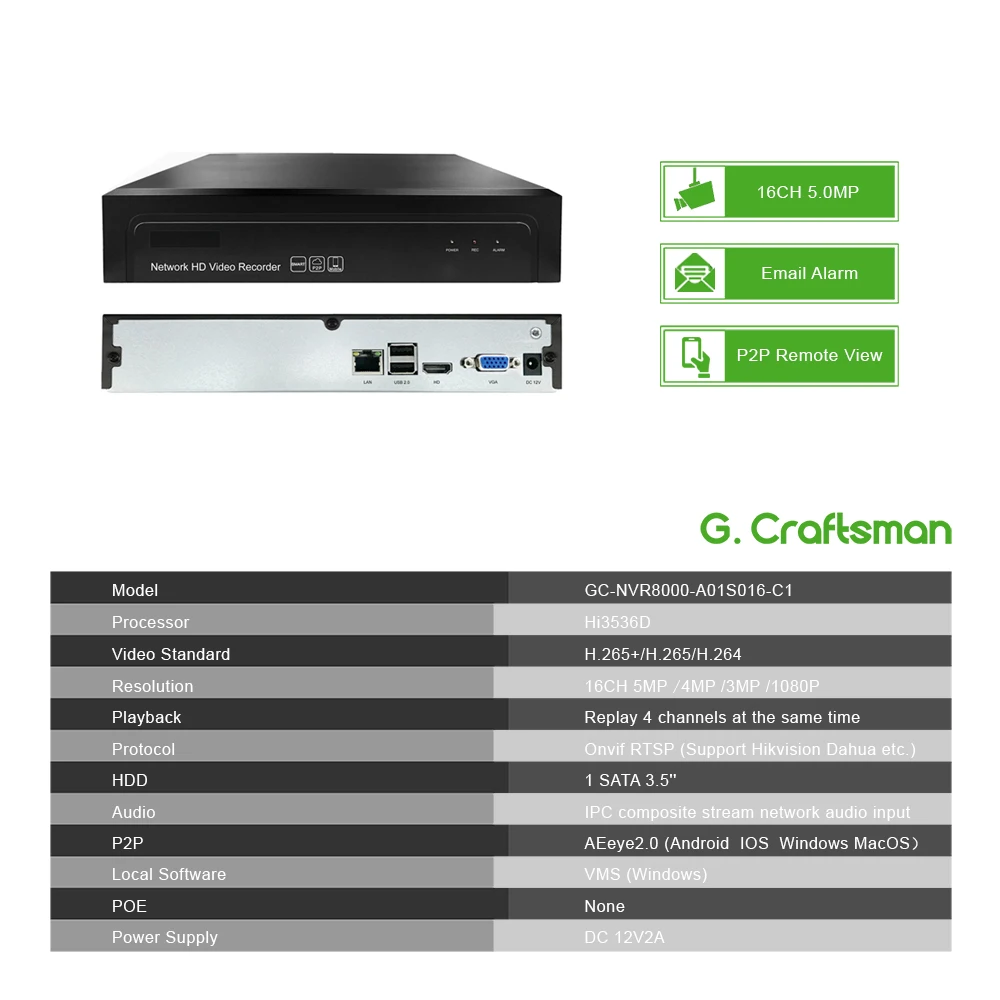 G. Ccraftsman 16ch 5MP H.265 сетевой видеорегистратор 1 HDD 24/7 записывающая IP камера Onvif 2,6 P2P система безопасности AEeye