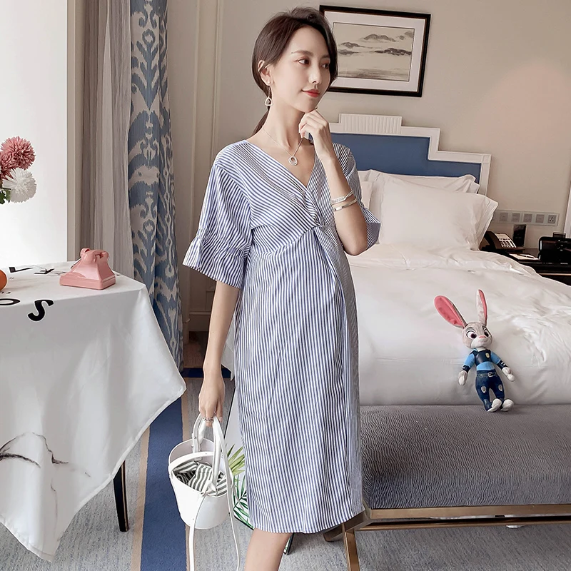 

8068# Hot V neck Striped Cotton Maternity Dress Summer Fashion Slim Clothes for Pregnant Women Bodycon Loose Pregnancy Clothing