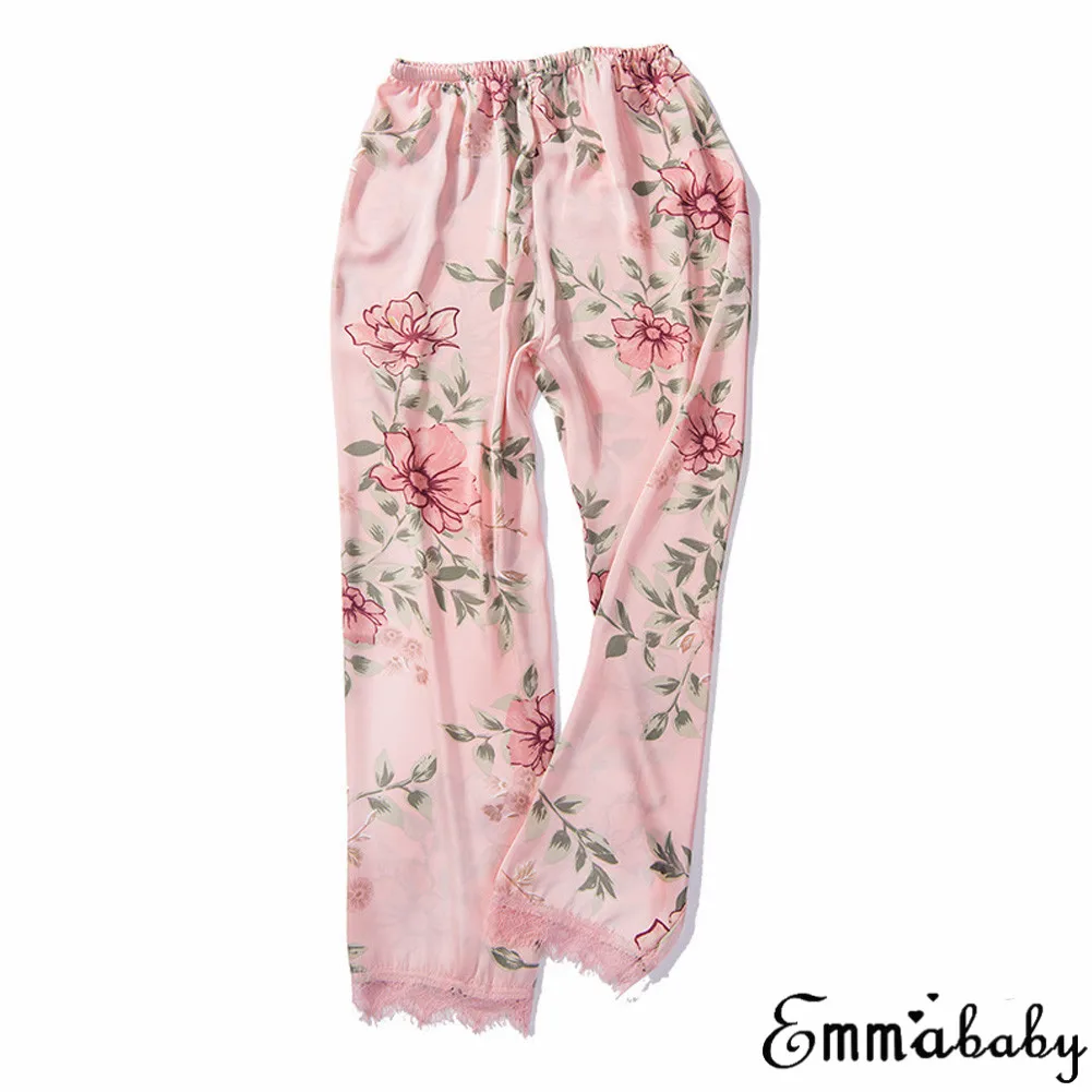 Женские шелковые атласные пижамы для сна, низ, кружевные шелковые брюки с цветочным рисунком, пижама ночное белье, домашняя одежда