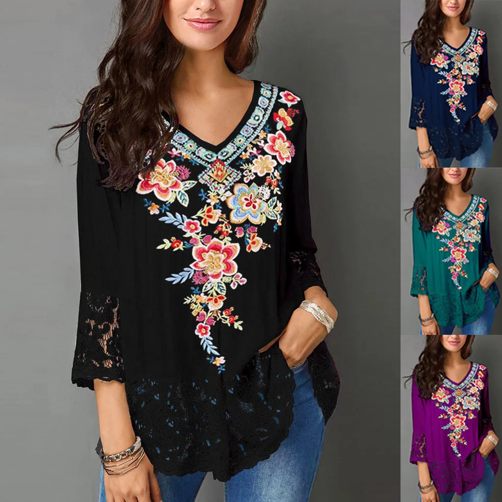 

feitong female sexy 2019 Tops Tee Women V Neck Print Lace Harf shirt Casual Blouse Tops Vintage summer lady shirt bohimia