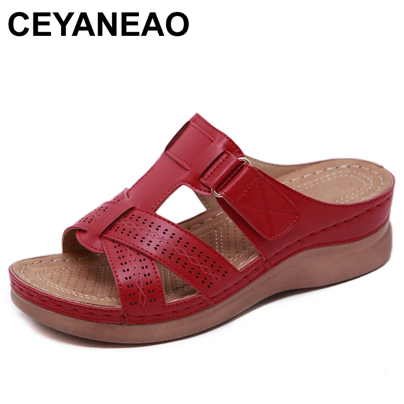 

CEYANEAO Women PU Leather Shoes Comfy Platform Flat Sole Ladies Casual Soft Woman platform slippers Wedge Sandal Beach flip flop