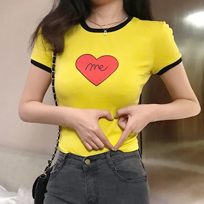 Женская хлопковая эластичная Базовая футболка с принтом в виде сердца, цветная футболка высокого качества с круглым вырезом, Женская