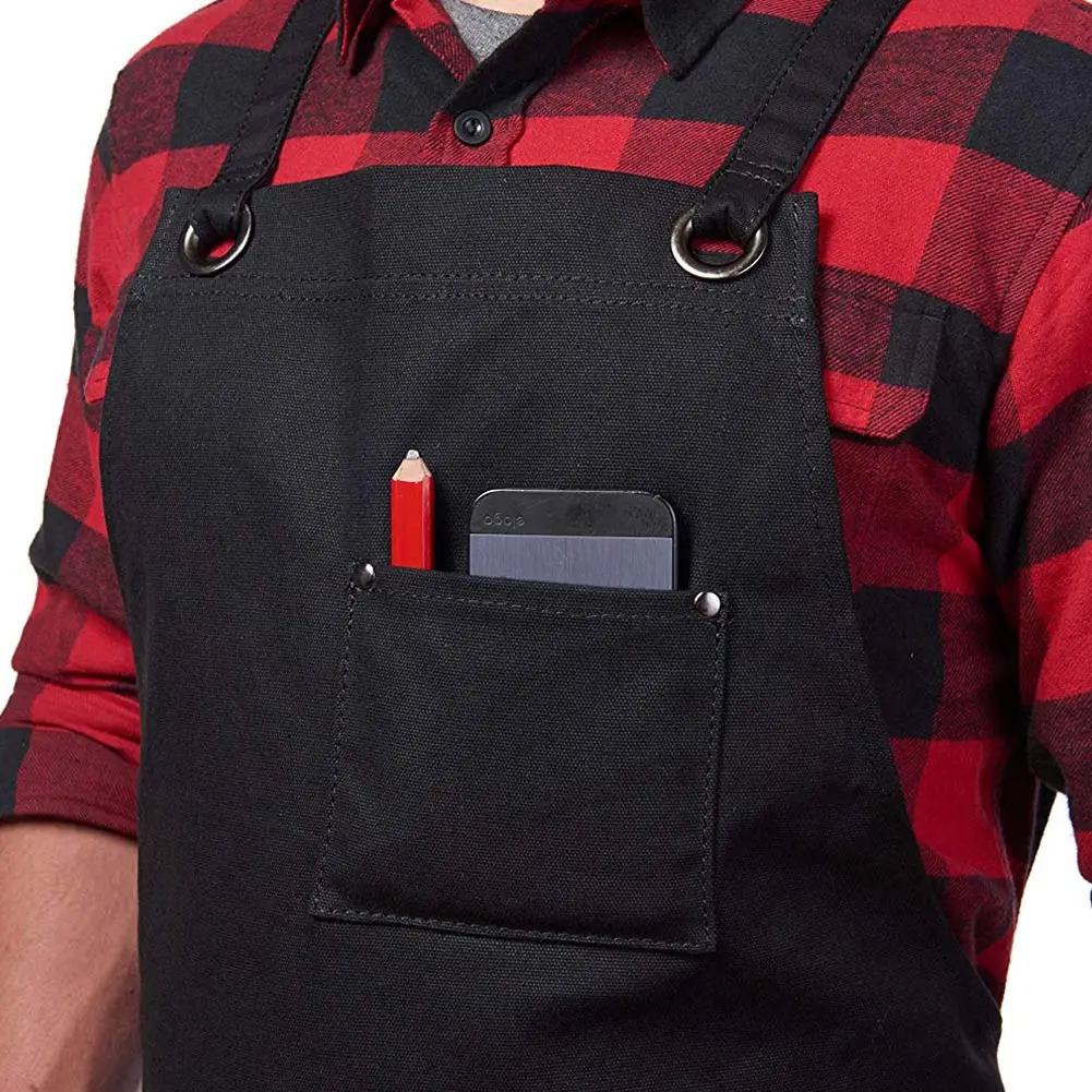 Work Apron Canvas Tool Pockets Cross-back Straps Adjustable For Barbecue Woodworking For Woman Man Apron Durable 27x34 inch TB