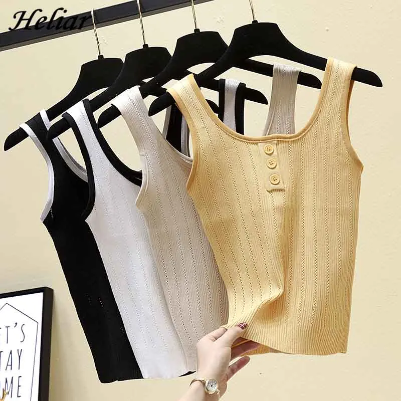 

HELIAR Female Knitting Camis Spaghetti Button Korean Female Solid Tank tops O-neck Casual Camisole 2019 Summer Femme Tops