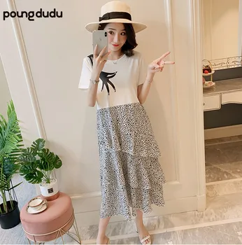 

Poungdudu Maternity Pregnant women dress summer cotton T stitching chiffon irregular fake two piece cake skirt loose large