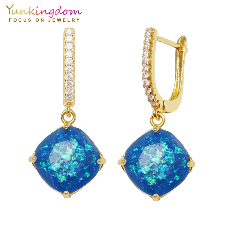 

Yunkingdom brand new fashion synthetic blue opal hoop earrings for women big square earring hoops K2201