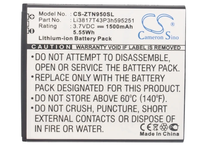 Аккумулятор Cameron Sino 1500 мАч Li3817T43P3h595251 для ZTE Blade L Flash N789 + N798 N900D N9500 Q201T Q501T U808 V829|cameron