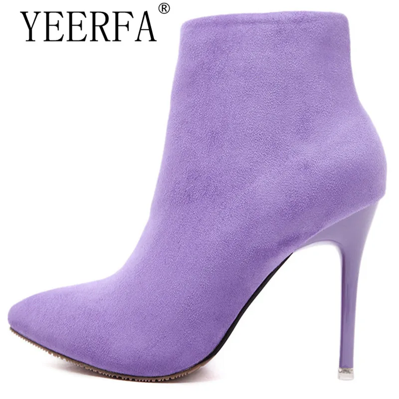 

YIERFA Autumn Winter Womens Wedding Boots Zip Point Toe Thin High Heels Boots Pink Orange Red Purple Grey Blue Botas Mujer