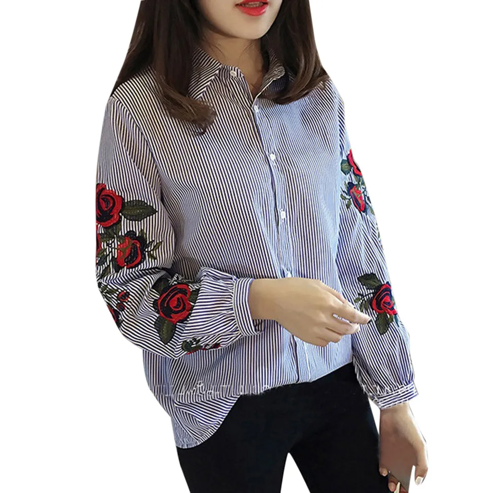 

Free Ostrich Fashion Blouse Regular Women Shirt Long Blouse Womens Women StripedLadies Floral Embroidery Lantern Long Sleeve