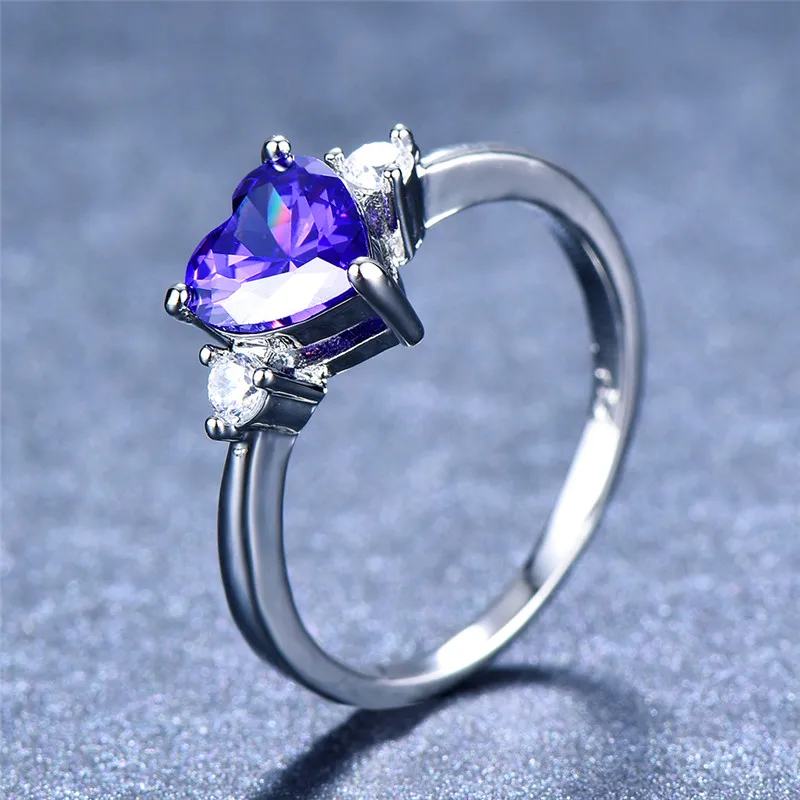 

Female Girls Purple Stone Ring Fashion February Birthstone Heart Ring Promise 925 Silver Love Engagement Rings For Women