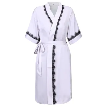 

Lace Trim Sexy Female Kimono Bathrobe Faux Silk Sleepwear Summer Casual Robe Gown Nightgown Loose Home Dress Nightdress M-XL