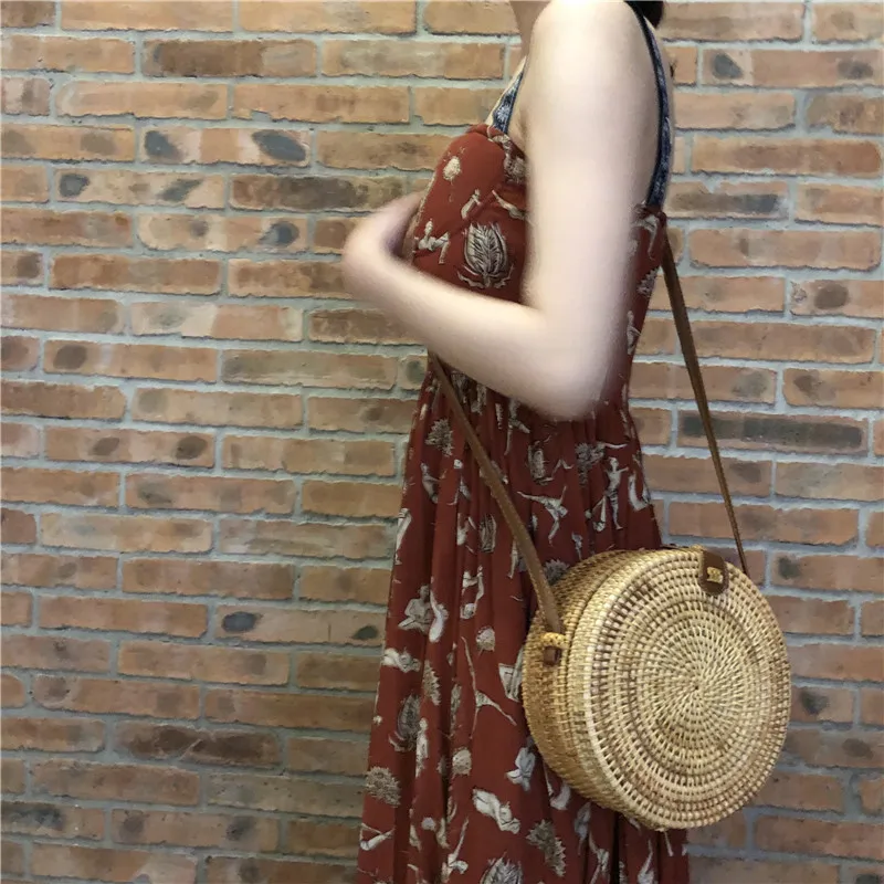 18x8 سنتيمتر جولة حقائب الشاطئ النساء السفر كيس الروطان اليدوية المنسوجة القش CrossBody حقيبة دائرة بوهيميا يد بالي