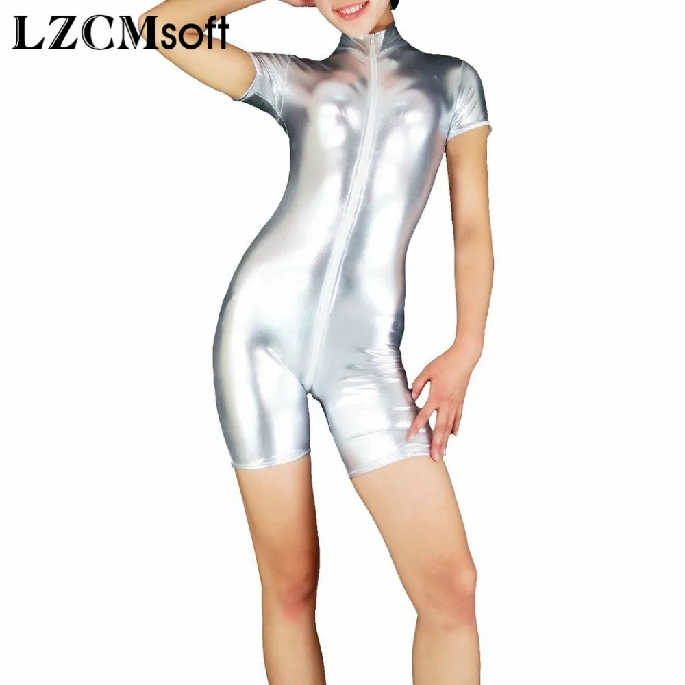 LZCMsoft для взрослых золотой блестящий металлический комбинезон для женщин спандекс водолазка с коротким рукавом Biketard комбинезон Одежда для танцев на молнии