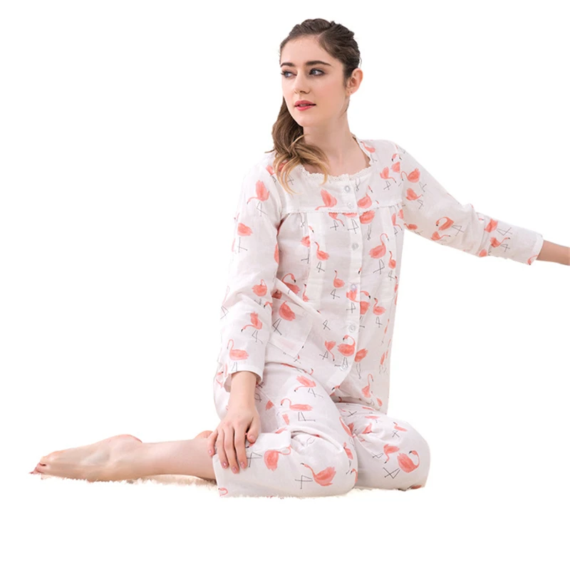 

Maternity Flamingo Printing Sleepwear Sets Pregnant Women Breast Feeding Pajamas Square Collar Lace Nursing Homewear AA51388