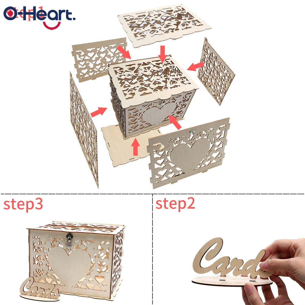 OHEART Rustic DIY Wedding Card Box Wood Gift Box with Lock Money Box Hollow Hearts Shaped Gift Card Box Sign Anniversary Party