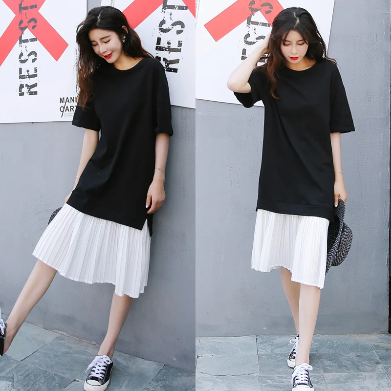 

530# 2019 Summer Casual Cotton Chiffon Patchwork Maternity Long Tees Loose Dress Clothes for Pregnant Women Pregnancy T Shirts