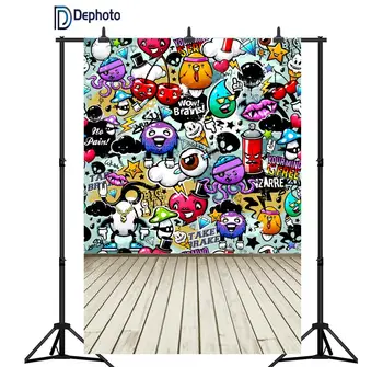 

DePhoto Graffiti Hip-hop Wall with Wooden Floor Theme Seamless Vinyl Photography Backdrop Photo Background Studio Prop PGT106