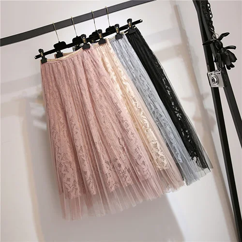 Женская плиссированная кружевная юбка с высокой талией Элегантная бежевая, черная, серая, розовая юбка миди для женщин универсальная Милая юбка средней длины - Цвет: Розовый