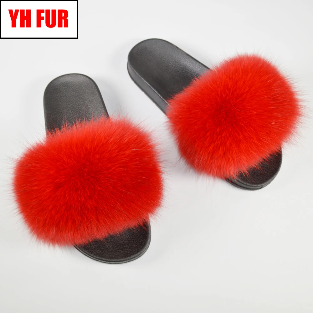 

2019 Women Hot Sale Real Genuine Fox Fur Slippers Summer Lovely Fluffy Real Fox Fur Slides Girls Luxury Fox Fur Flat Sandals