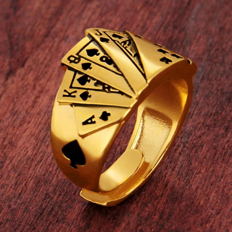 New No Fade 24k Sand Gold Rings for Men Personality Poker Designer Open Rings India Jewelry