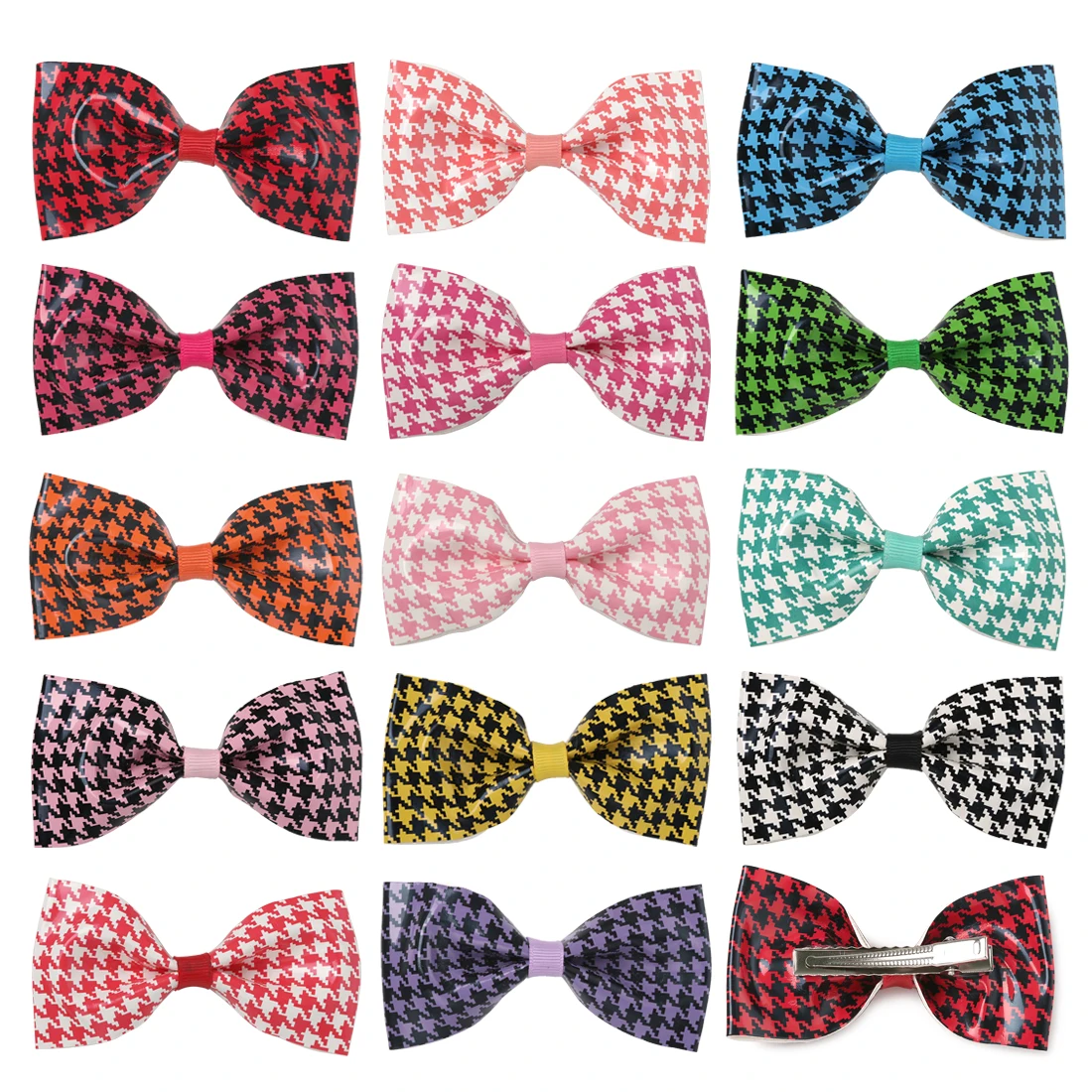 

14pcs 4" PU Houndstooth Hair Bows With Alligator Clips Sequin Bowknot Hairpins Children's Barrettes