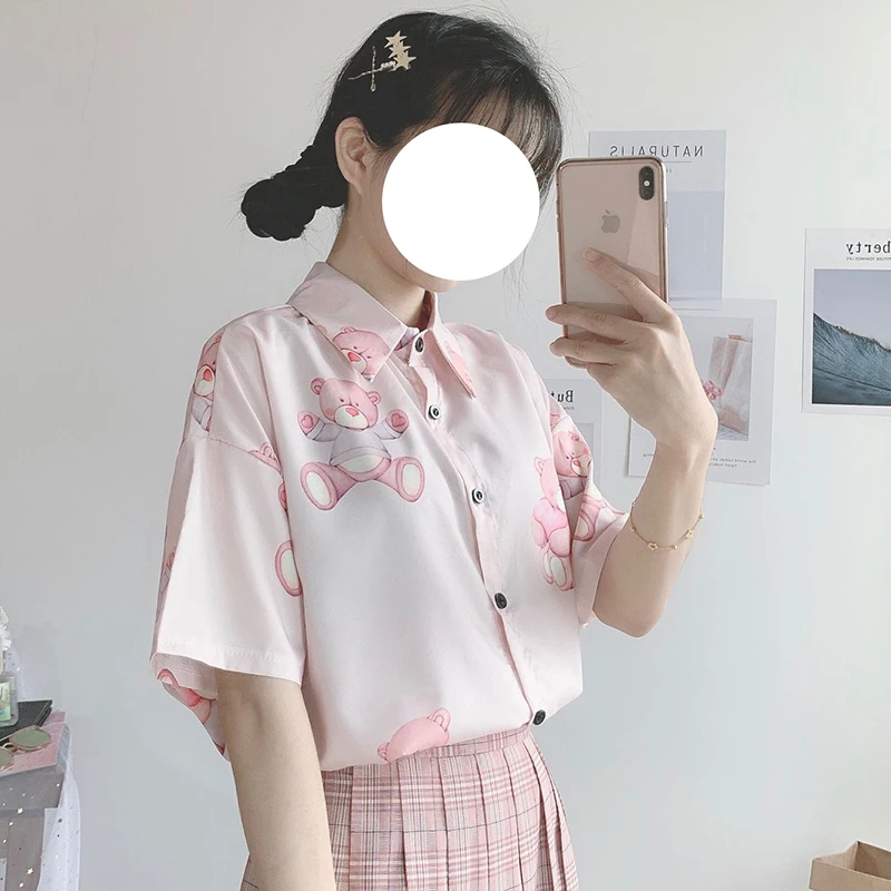 Милая рубашка с коротким рукавом принтом медведя женские летние рубашки Kawaii Ulzzang