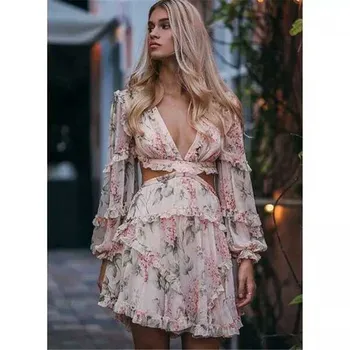 

High quality 2019 summer new floral ruffled stitching holiday dress short sexy V-neck hollow backless cross strap dress fairy