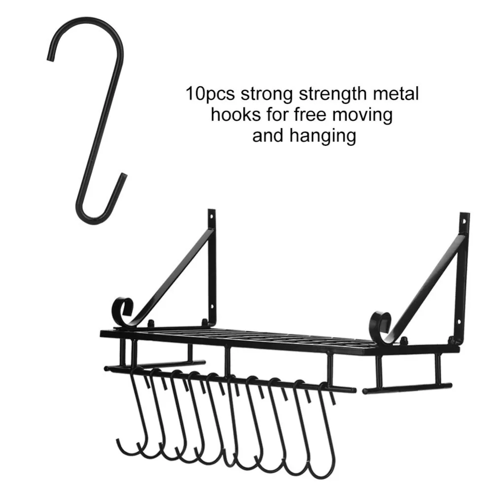 Черная металлическая Подвесная подставка для кастрюль, настенный держатель с 10 крючками, кухонные крючки для органайзера, подставка для хранения