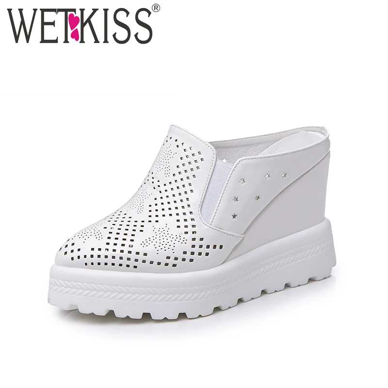 

WETKISS 2017 Fashion Solid Slippers Pointed toe Hollow Polka Doa Mules Shoes Women High Wedges Flatform Summer Date Slides