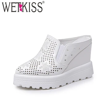 

WETKISS 2019 Fashion Solid Slippers Pointed toe Hollow Polka Doa Mules Shoes Women High Wedges Flatform Summer Date Slides