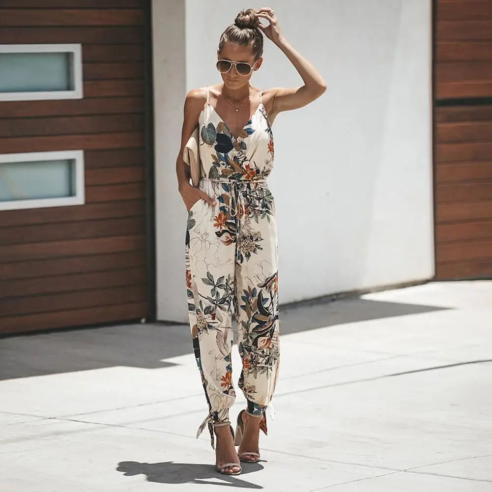 

2019 New Yfashion Women Sexy Backless Lacing Pocket Straps V Neck Jumpsuit