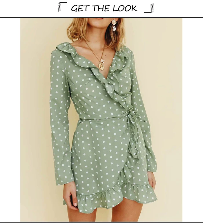 SINRGAN Ruffles Elegant Polka Dot Green Dresses v neck Long sleeve short mini vintage spring dress Bohemian vestidos