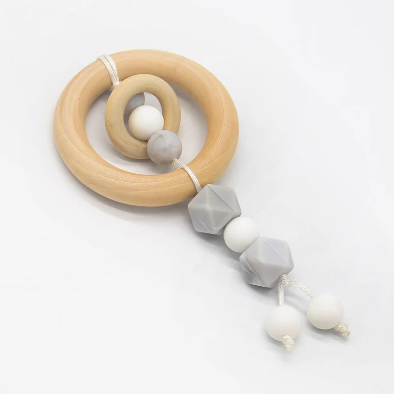 

1PCS Baby Wooden Rattle Toy Wood Ring Play Gym Round Beads Silicone Beads Wooden Teethers