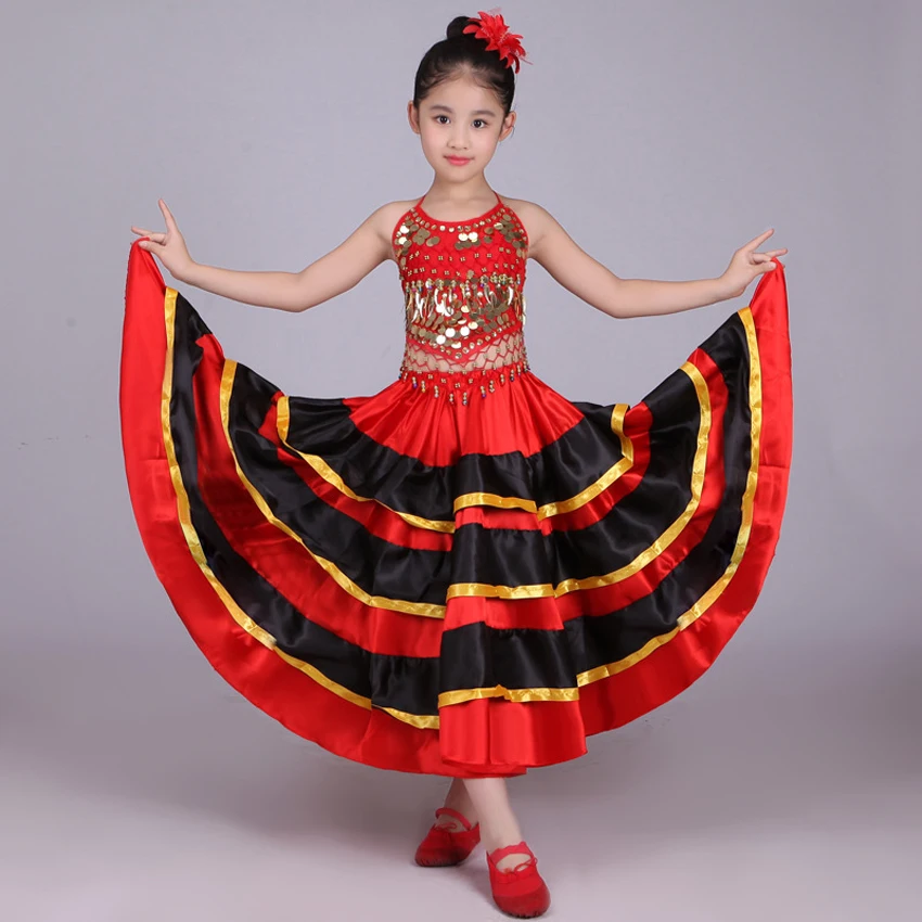

Halloween School Party Dance Costumes Kids Girls Flamenco Skirt Red Black Spanish Traditional Performance Sequin Vest