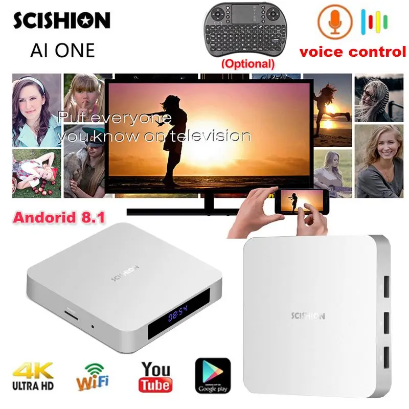 

SCISHION AI ONE android 8.1 tv box 2.4G WiFi BT4.0 Rockchip 3328 4gb RAM 32 gb ROM USB3.0 Smart Voice Remote Control Set-top Box