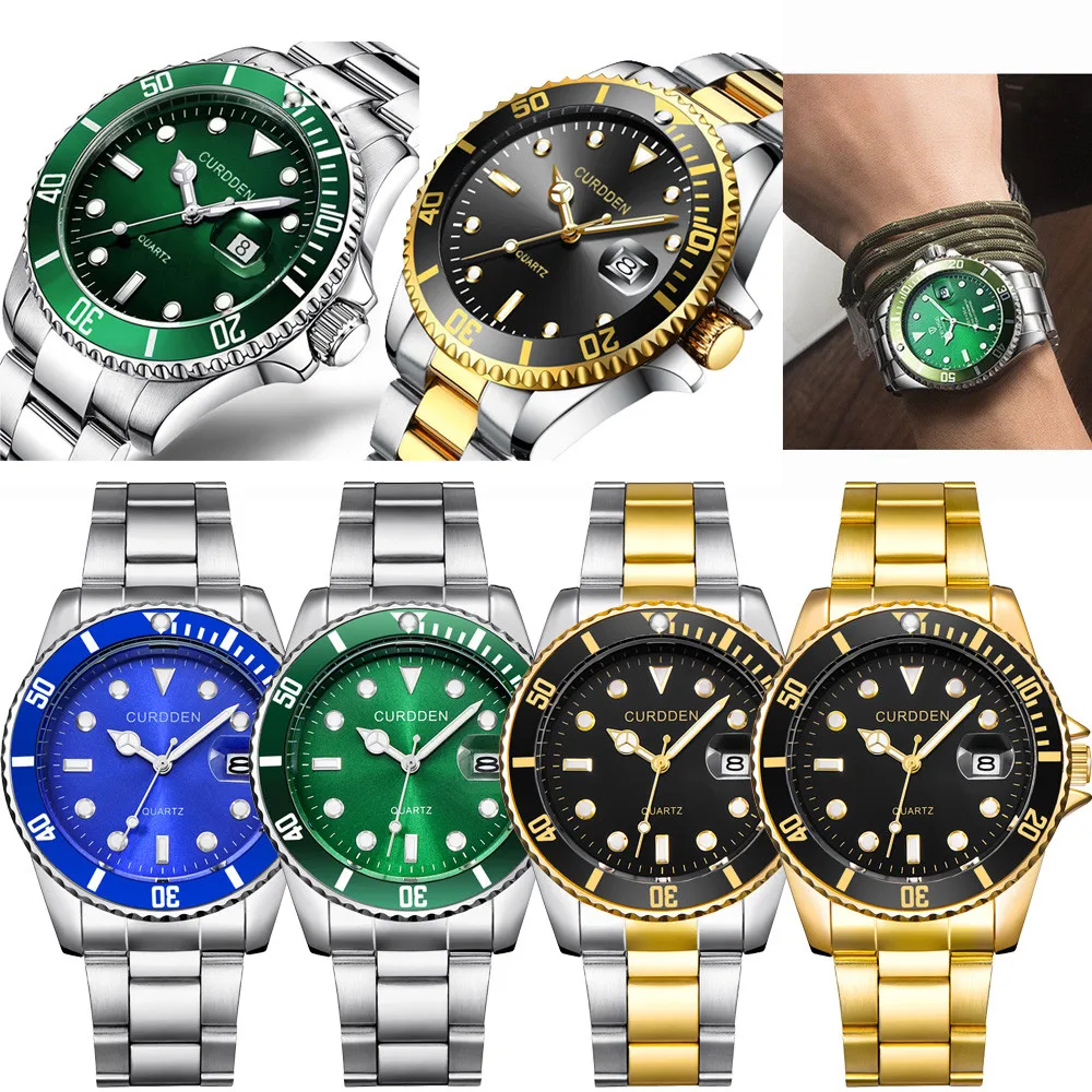 CURDDE Мужские Модные Военные часы из нержавеющей стали с датой, спортивные Кварцевые аналоговые наручные часы, люксовый бренд f, повседневные серебристые золотые часы