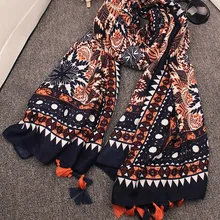 Шарф с этническим принтом, роскошный бренд, хиджаб, шарф,, для женщин, осень, зима, испанский стиль, Богемный Хиппи, племя, шарф с принтом и кисточками