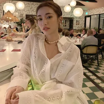 

Fashion Lapel Batwing Sleeve Hollow Out White Shirts Office Lady Women Summer Casual Lace Up Loose Long Blouse