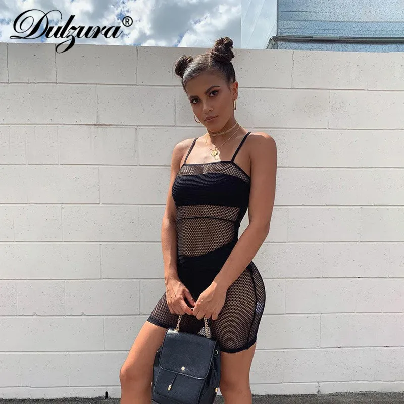 

Dulzura 2019 summer women dress sexy fishnet mesh festival party dress streetwear clothes vestidos sleeveless backless patchwork