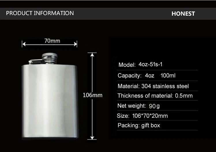 Портативная фляжка из нержавеющей стали 304, 4 унции, мини металлический горшок для виски, 100 мл, контейнер для алкоголя