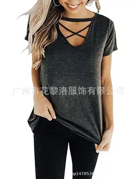 

Women's Clothing Fashion Cross Strap Short Sleeve T-Shirt Simple solid color tshirt Leisure shopping Shirts women 2019