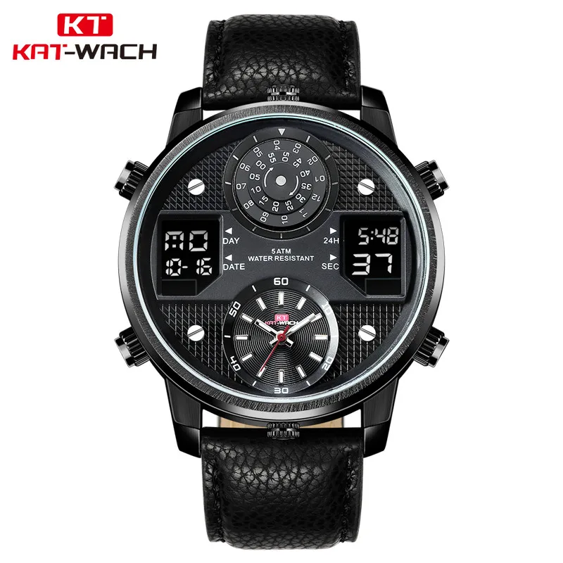 

KAT-WACH Military Watch with Genuine Leather Strap Big Case 3D Two Layers Dial Three Movement Quartz Digtal Black Watch For Men