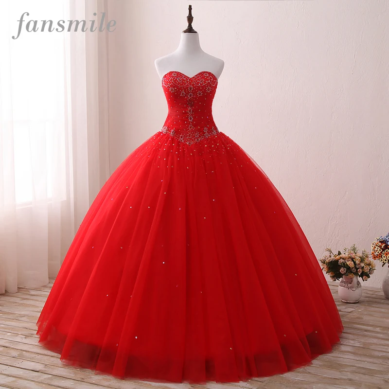 

Fansmile Vintage Lace Red Ball Gown Wedding Dresses 2019 Vestido de Novia Customized Plus Size Bridal Gown FSM-366F