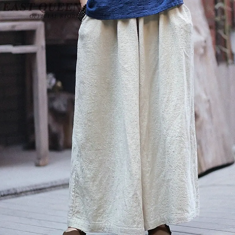 Chinese style linen Palazzo culotttes femme wide leg pants women female loose baggy ladies elegant pants trousers